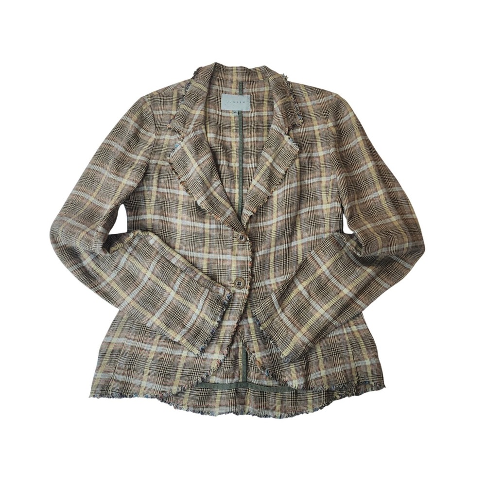 Jigsaw Plaid Blazer 10 Brown Frayed Edge Deconstructed Dark Academia Office Wear